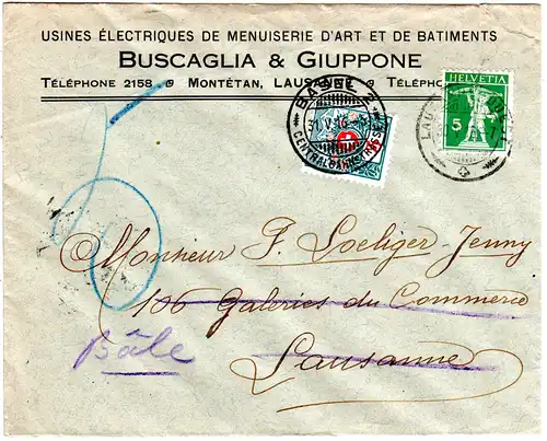 Schweiz 1916, Firmen Drucksache Brief v. Lausanne m. Nachsendung u. Basel Porto 