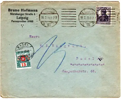 DR 1919, 15 Pf. Germania auf Firmenbrief v. Leipzig m. Schweiz Porto