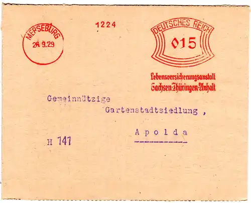 DR 1929, Brief m. rotem Lebensversicherungs Maschinen Freistempel v. Merseburg