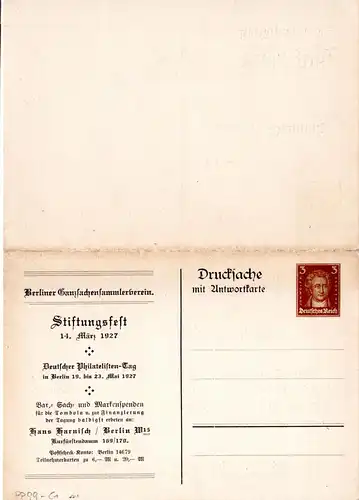 DR, ungebr. 3+3 Pf Doppelkarte Privatganzsache Berliner Ganzsachensammler Verein