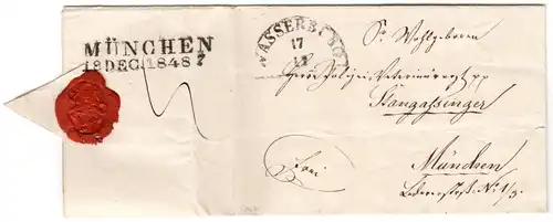 Bayern 1848, HKS WASSERBURG klar auf besonders schönem kl. Brief n. München.