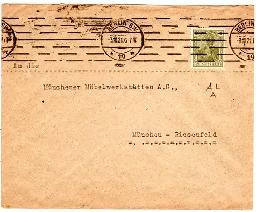 DR 1921, 60 Pf. Germania m. perfin auf Brief v. Berlin