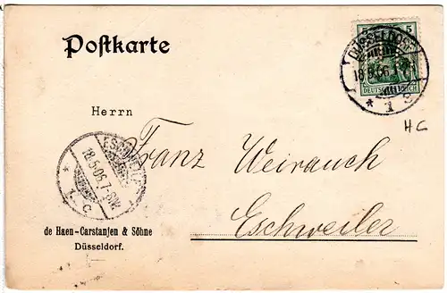 DR 1906, 5 Pf. Germania m. perfins auf Firmen Karte v. Düsseldorf