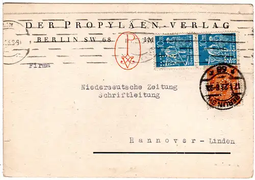 DR 1923, 2+2x10 Mk. m. perfins auf Firmen Karte v. Berlin