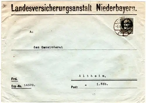 Bayern 1919, EF 25 Pf. Ludwig Volksstaat auf portorichtigem Brief v. Landshut