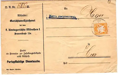 Bayern 1903, EF 25 Pf. auf portorichtigem Gerichts-Orts-Brief v. München.