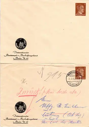 DR, 2 gebr./ ungebr. 3 Pf. Hitler Privatganzsachenumschläge 
