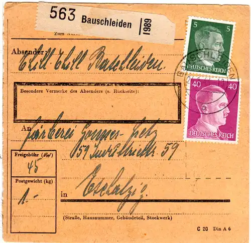 Luxemburg 1944, 5+40 Pf. auf Paketkarte v. Bauschleiden.