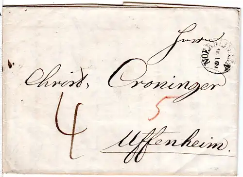 Bayern 1840, Fingerhut Stpl. Nördlingen auf schönem Porto Brief n. Uffenheim