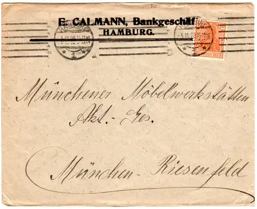 DR 1920, 10 Pf. Germania m. perfin EC auf Bank Brief v. Hamburg.
