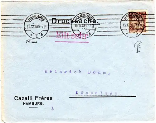 DR 1923, 3 Pf. m. perfin auf Firmen Drucksachenumschlag v. Hamburg