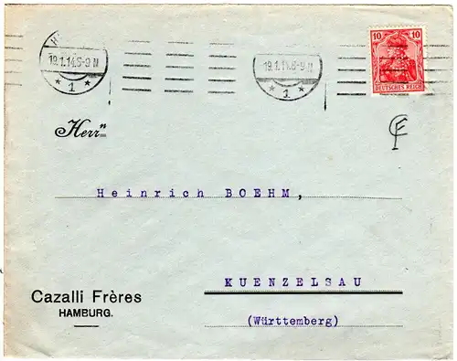 DR 1914, 10 Pf. Germania m. perfin auf Firmen Brief v. Hamburg