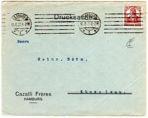 DR 1921, 15 Pf. Germania m. perfin auf Firmen Brief v. Hamburg