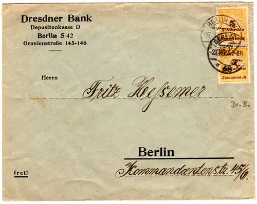 DR 1923, 2x5 Mia. m. perfin auf Bank Brief v. Berlin