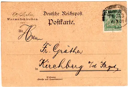 DR 1901, 5 Pf. m. perfins auf Firmen Karte v. Wermelskirchen m. Bahnpost Stpl.