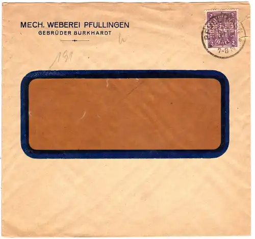 DR 1922, 2 Mk. m. perfins W.P. auf  Firmen Umschag v. Pfullingen