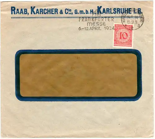 DR 1924, 10 Pf. m. perfin RK auf Raab Karcher Firmen Umschag v. Karlsruhe