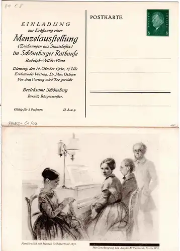 DR, ungebr. 8 Pf. Privatganzsache Einladung zur Menzelausstellung Berlin 