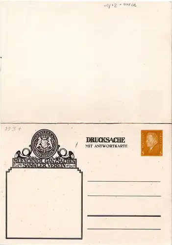 DR, ungebrauchte 3+5 Pf. Doppelkarte Privatganzsache Münchner Ganzsachen Verein