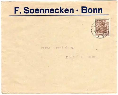 DR 1915, 3 Pf. Germania m. perfin F.S. auf Drucksache Brief v. Bonn.