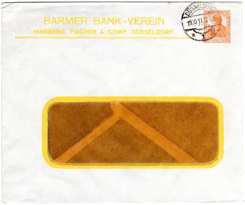 DR 1917, gebr. 7 1/2 Pf. Germania Privatganzsache Umschlag Barmer Bank Verein