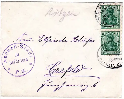 DR 1916, 2x6 Pf. Germania auf Zensur Brief m.Bahnpost Aachen-St.Vith