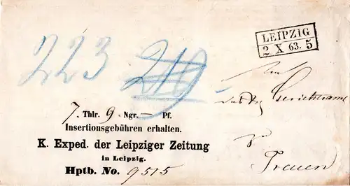 Sachsen 1863, R2 Leipzig klar auf schönem Vordruck Paketbrief n. Treuen