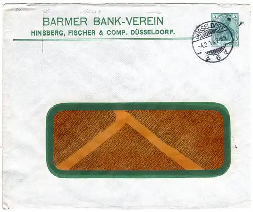 DR 1914, gebr. 5 Pf. Germania Privatganzsache Umschlag Barmer Bank Verein