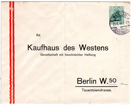 DR 1914, gebr. 5 Pf. Privatganzsache Umschlag Kaufhaus des Westens, Berlin