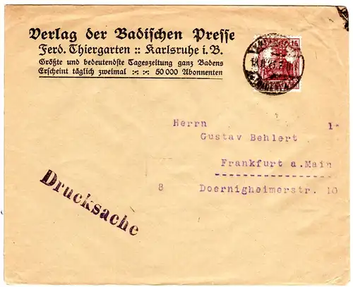 DR 1921, 15 Pf. Germania m. perfin auf Presse Vordruck Brief v. Karlsruhe