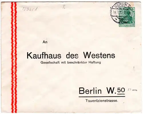 DR 1912, gebr. 5 Pf. Privatganzsache Umschlag Kaufhaus des Westens, Berlin