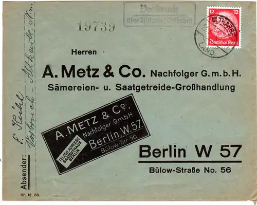 DR 1934, Landpost Stpl. VORBRUCH über Altkarbe (Ostbahn) auf Brief m. 12 Pf. 