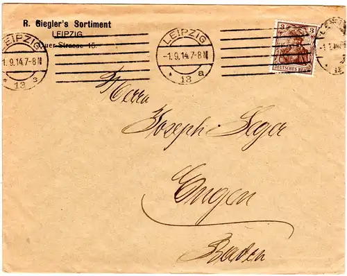 DR 1914, 3 Pf. Germania m. perfin auf Firmen-Drucksachenumschlag v. Leipzig