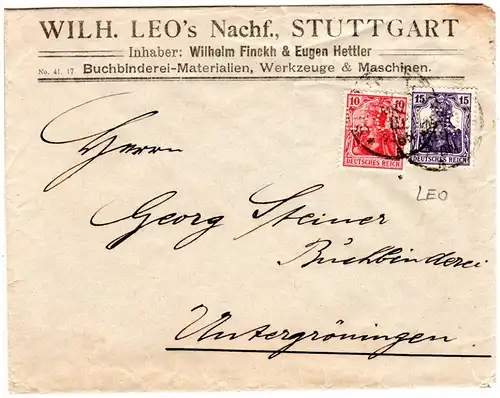 DR 1919, 10+15 Pf. Germania m. perfin auf Firmen Brief v. Stuttgart