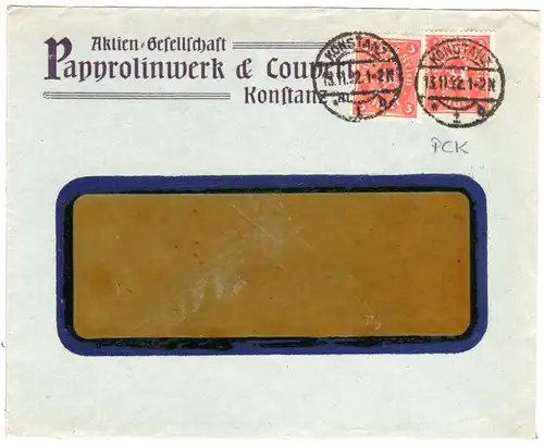 DR 1922, 2x3 Mk. m. perfin auf Firmen Brief v. Konstanz