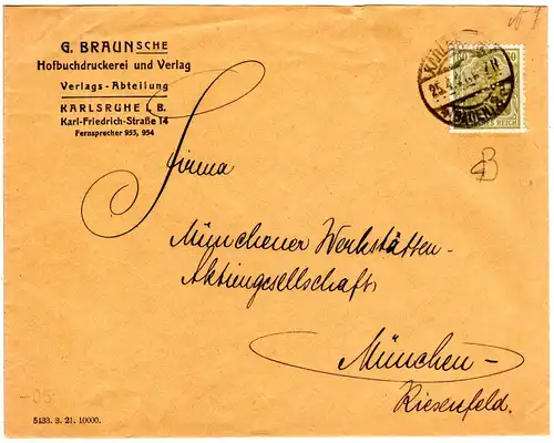 DR 1921, 60 Pf. Germania m. perfin auf Firmen Brief v. Karlsruhe