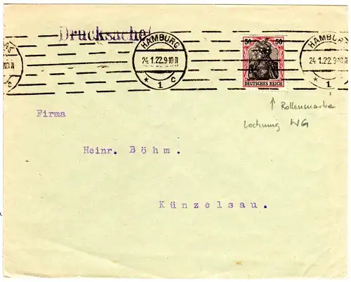 DR 1922, Rollenmarke 50 Pf. Germania m. perfin auf Drucksache Brief v. Hamburg.