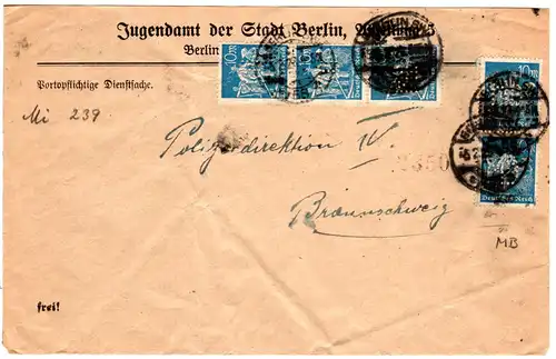 DR 1923, MeF 5x10 Mk. m. perfins auf Jugendamt Brief d. Stadt Berlin
