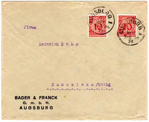 DR 1924, 2x10 Pf. m. perfin B&F auf Firmenbrief v. Augsburg