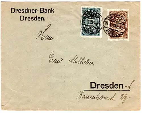 DR 1923, 3000+5000 Mk. m. Firmenlochung Dr.B. auf Orts-Brief v. Dresden
