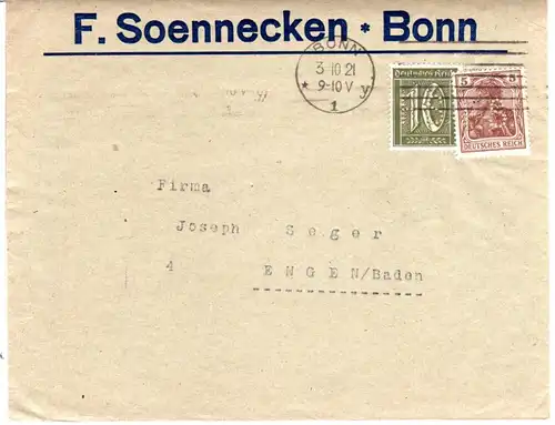 DR 1921, 5+10 Pf. m. Firmenlochung F.S. auf Brief v. Bonn