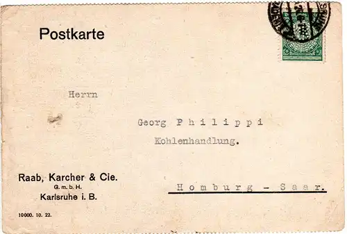 DR 1924, 5 Pf. m. perfin auf Firmenkarte v. Karlsruhe