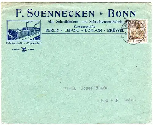 DR 1910, 3 Pf. Germania m. perfin auf Firmen Brief v. Bonn