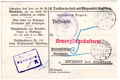 Bayern 1914, Dienstsache Karte v. Ebensfeld m. blauem Portrokontroll-Stempel 
