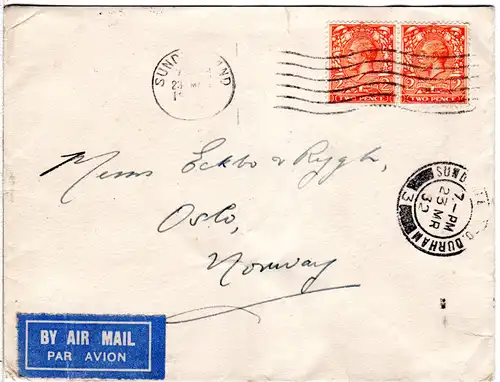 GB 1932, pair 2d on Air mail cover from Sunderland via Sweden to Norway