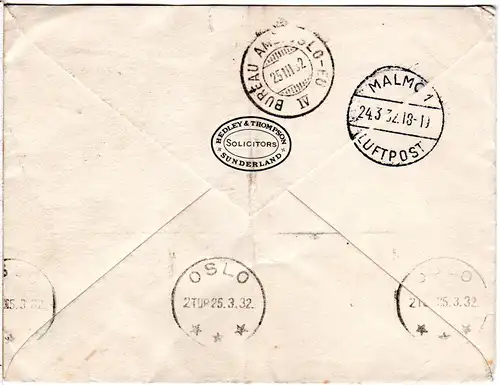 GB 1932, pair 2d on Air mail cover from Sunderland via Sweden to Norway