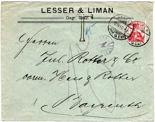 Schweiz 1910, 10 C. auf Brief v. Basel n. Bayern m. "T" sowie Porto-Kontrolle
