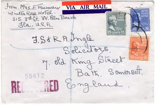 USA 1952, 10+15+30 C. Präsidenten auf Reko-Luftpost Brief v. Palm Beach n. GB