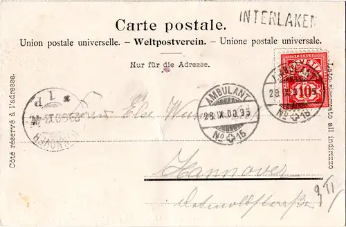 Schweiz 1900, L1 INTERLAKEN auf Karte m. 10 C. u. Bahnpoststpl. AMBULANT No.15