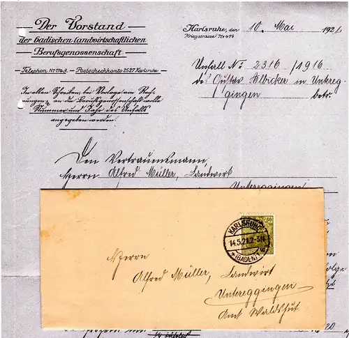 DR 1921, 60 Pf. Germania m. perfin LB auf Behörden Brief v. Karlsruhe
